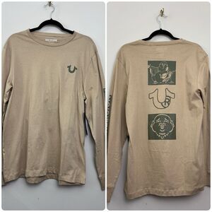True Religion Mens Long Sleeve Shirt Size Medium Logo Cotton Tan Crew Neck